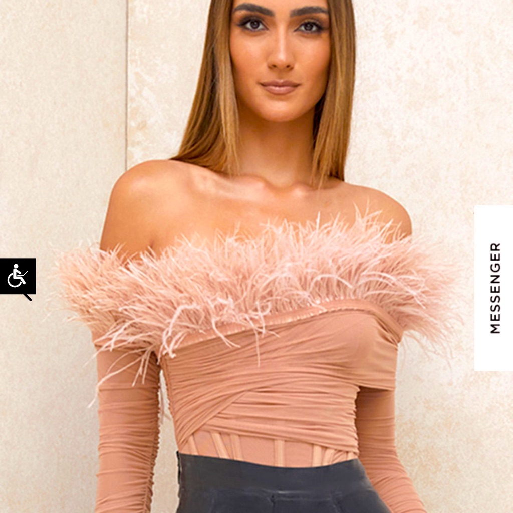 House Of Cb Pink Feather Off-Shoulder Bodysuit